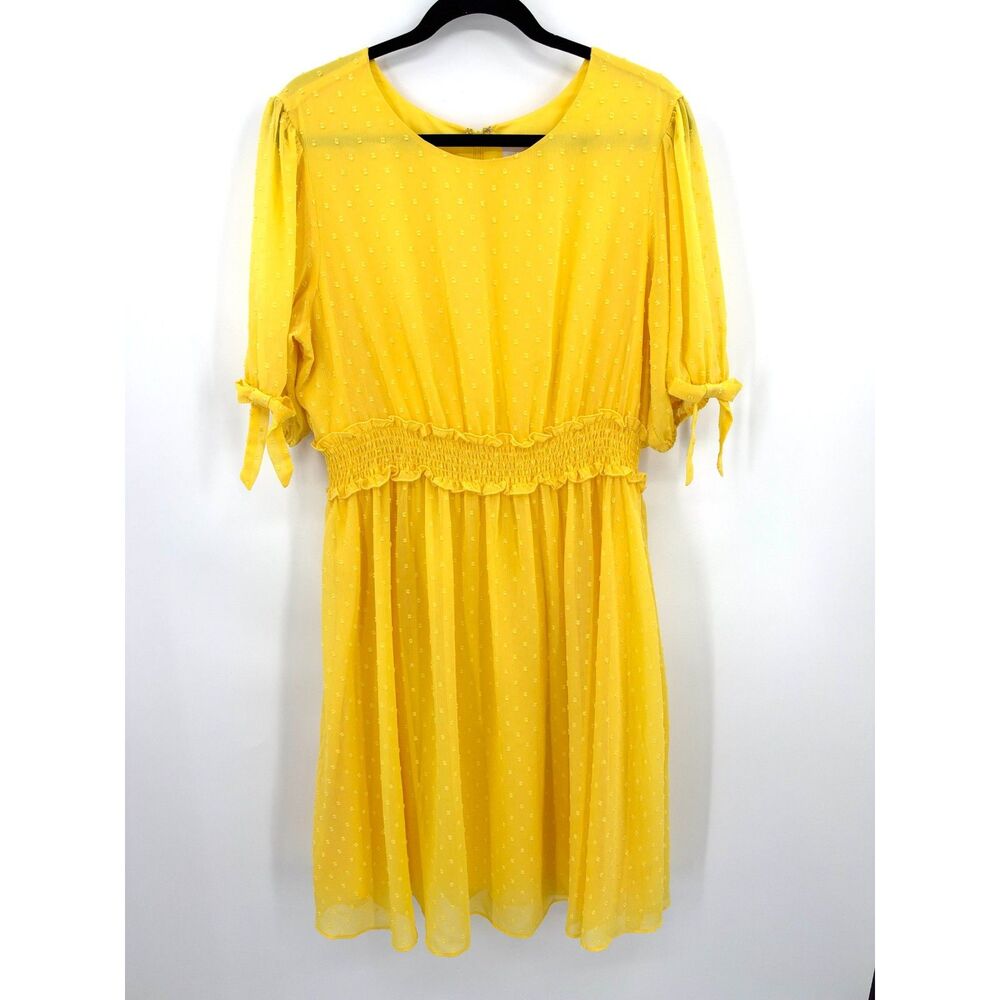RACHEL PARCELL Yellow Swiss Dot Smocked Waist Bow Tie Puff Sleeve Lined Dress XL